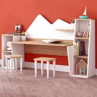 Kid's Study Desk with Bookshelf + 2 Stools for Ages 3-8, Wooden Children Activity Table with Hutch and Shelves, Kids Bedroom 1