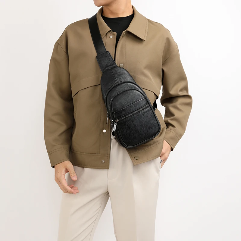 Stylish genuine leather sling bag for men with multiple compartments, ideal for everyday carry or travel