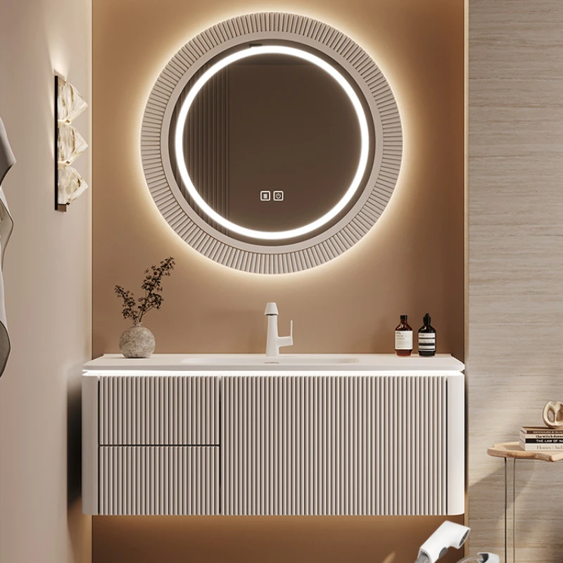 Integrated basin, cream style bathroom cabinet, combination solid wood toilet, modern and simple