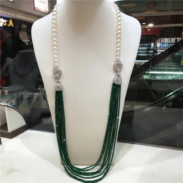 

hot sell double use 8-9mm white freshwater pearl necklace green stone multilayer long sweater chain fashion jewelry