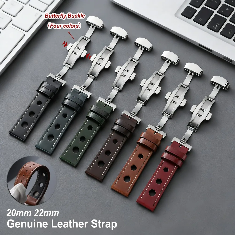 Vintage Brown and Black Oil Wax Cowhide Leather Watch Straps with Butterfly Buckle and Breathable Design