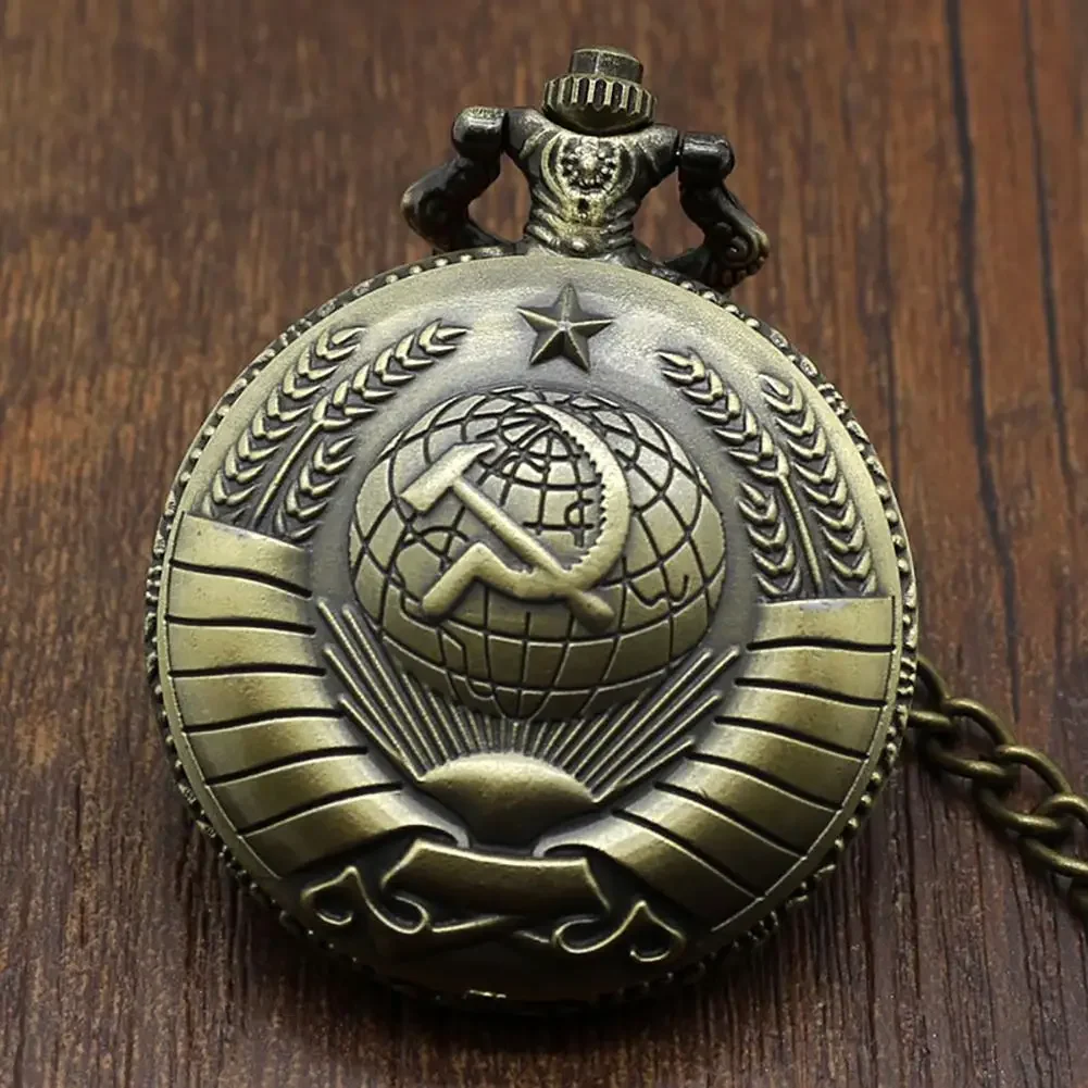 Vintage USSR Soviet Badges Sickle Hammer Pocket Watch Necklace Bronze Pendant Chain Clock Fashion Emblem Women Men Gift pocket watch