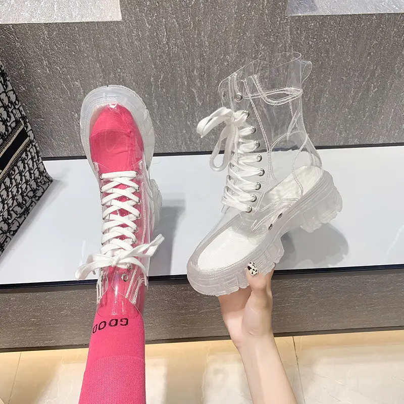 2021 Cool Fashion Women Transparent Platform Boots Waterproof Ankle Boots Feminine Clear Heel Short Boots Sexy Female Rain Shoes 