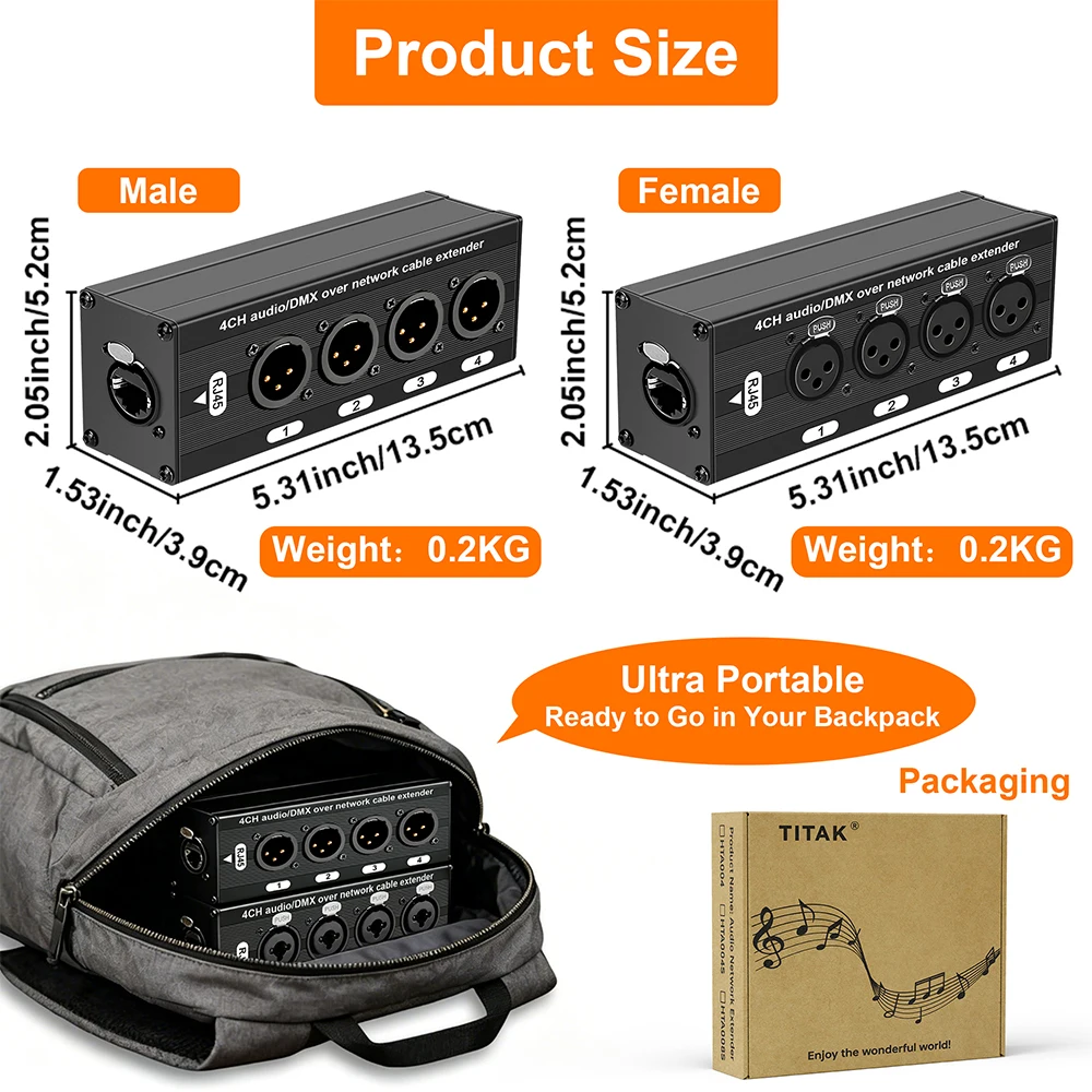 RJ45 to 4-Channel XLR Audio Cable Extender for Stage and Studio Lighting & Sound