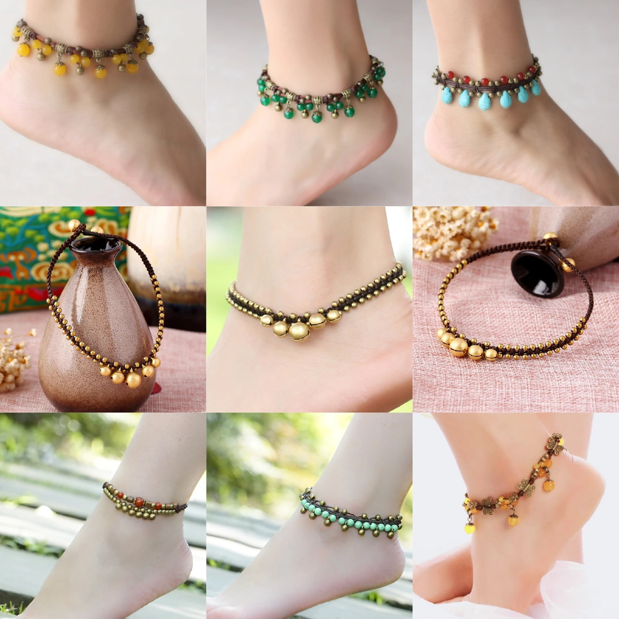 Cadenas de tobillo vintage para mujer, diseños de campana, hechas a mano, trenzado, étnico, campanas de latón, tobilleras étnicas|vintage anklet|anklet chainfoot chain - AliExpress