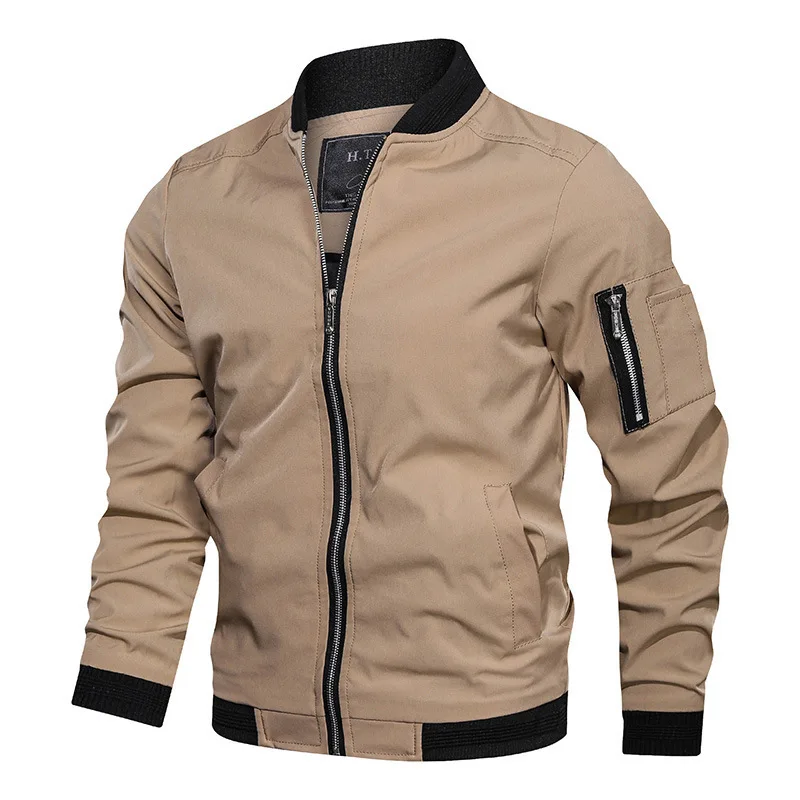 Spring autumn men's jacket casual baseball collar solid color thin coat 4 seasons bomber jacket zipper pocket men's clothing