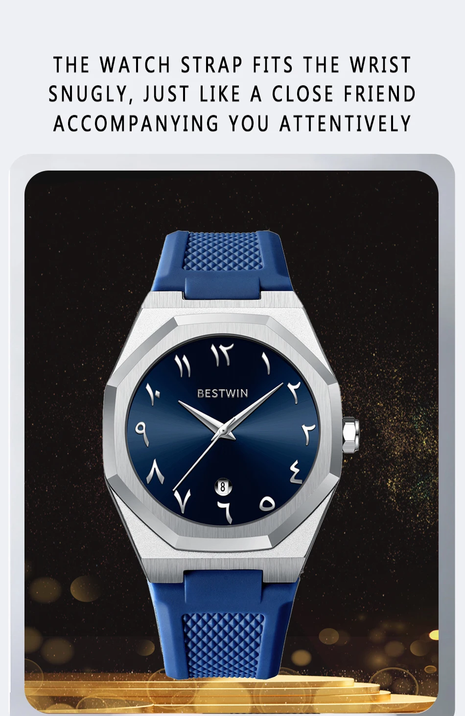 BESTWIN Fashion Luxury Arabic Men's Quartz Watch Business Casual Silicone Strap Mens Wristwatch Family Friends Birthday Gifts