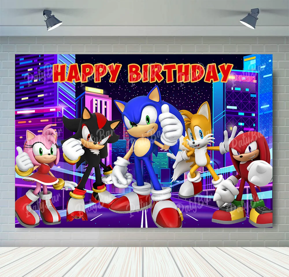 thumbnail image 1 of Fondo de fotografía de Sonic, el erizo de velocidad, héroe corredor, fondo de fotografía de dibujos animados para cumpleaños de niños, accesorios de vinilo de poliéster rojo y azul, 1 of 4