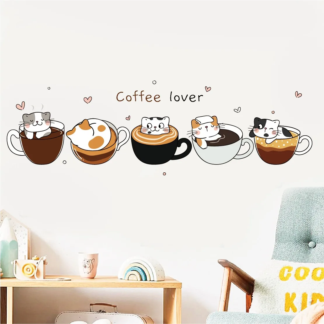 COFFEE cute cat cartoon wall stickers Restaurant living room cafe background wall decoration self-adhesive wall stickers