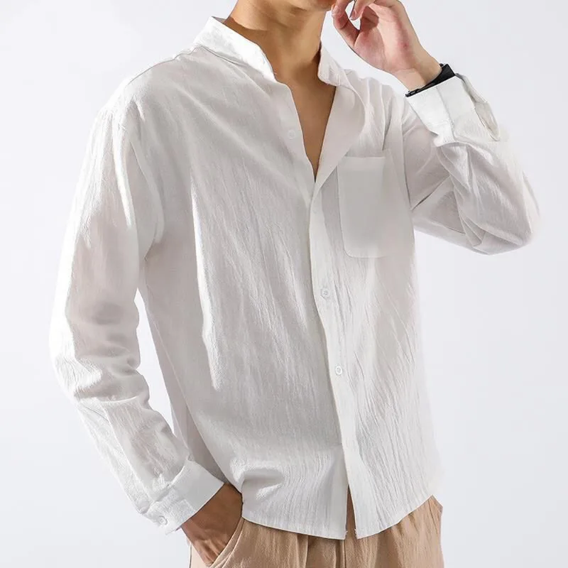 Spring Men's Stand Collar Button Shirt Casual Comfortable White Black Long-sleeved Shirt Thin Fashion Handsome Loose Coat Tops