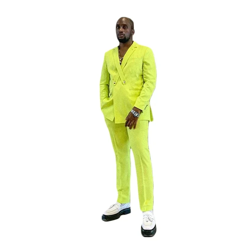 New Design Fashion Bright Yellow Men Suit Prom Party Slim Fit Blazers Hombre High Quality Custom 2 Piece Set Jacket Pant Costume