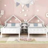 Double Twin Bed Frame for Kids, Bed Frame with House Shaped Nightstand, Twin Size Shared Beds Frame Double 1