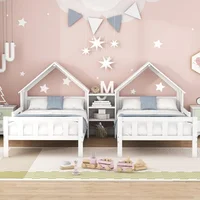Double Twin Bed Frame for Kids, Bed Frame with House Shaped Nightstand, Twin Size Shared Beds Frame Double 1