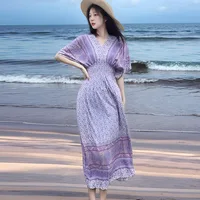 Thai Style V-Neck Cotton Silk Short Sleeve Dress Women Summer Floral Print Countryside Skirt Holiday Outfit Loose Fit Maxi Dress