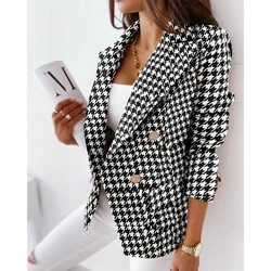 Retro houndstooth impressão blazer senhoras casual duplo breasted manga comprida blazers senhora moda terno gola manga longa casaco feminino