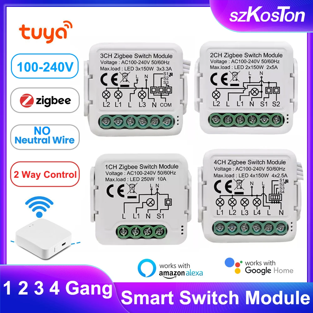 

Модуль переключателя Tuya ZigBee 3,0 для умного дома, 10 А, не требует нейтрального провода, Разрушитель «сделай сам» с поддержкой двухстороннего управления, работает с Alexa Google