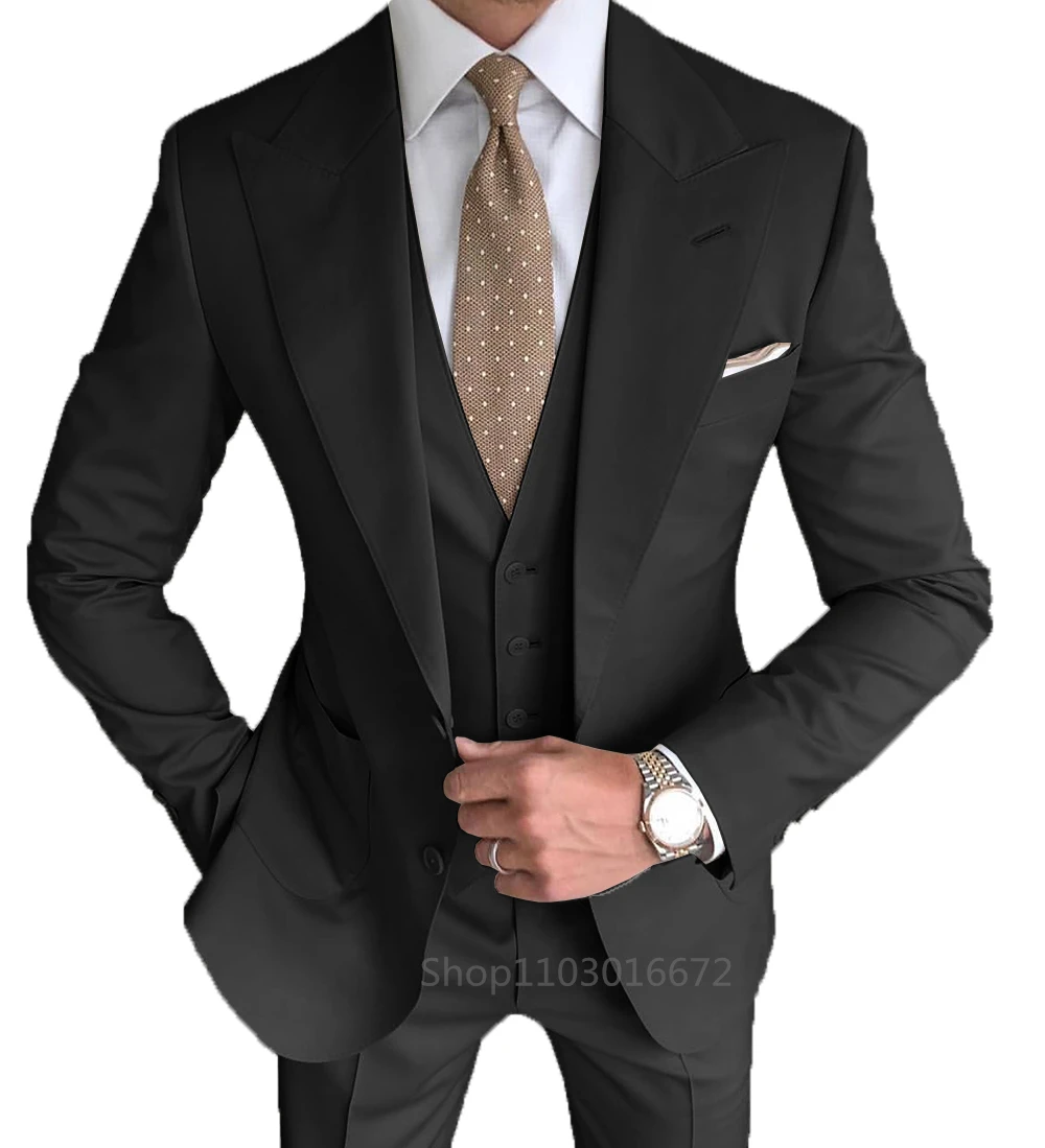 High Quality Formal Solid Wedidng Suits For Men Fashion Slim Fit Peak Lapel Blazer Vest Pants Wedding/Business Groom Tuxedos