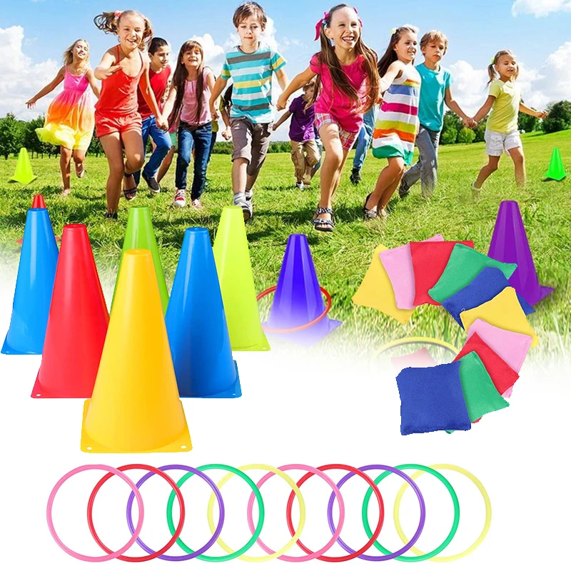

3in1 Carnival Yard Games Combo Set Ring Toss Cones Cornhole Bean Bag Plastic Cones Game for Indoor or Outdoor Field Day for Kids