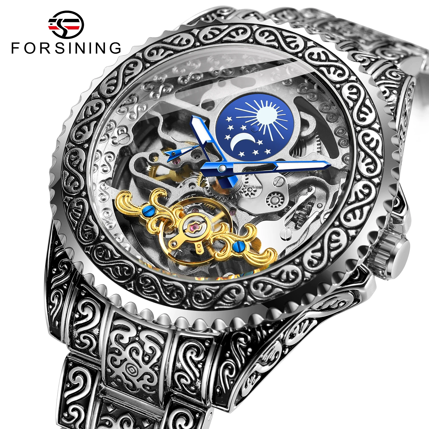 FORSINING Orologio da uomo vintage con intaglio, automatico, meccanico, scheletrato, con fasi lunari, luminoso, di lusso._voghion.com