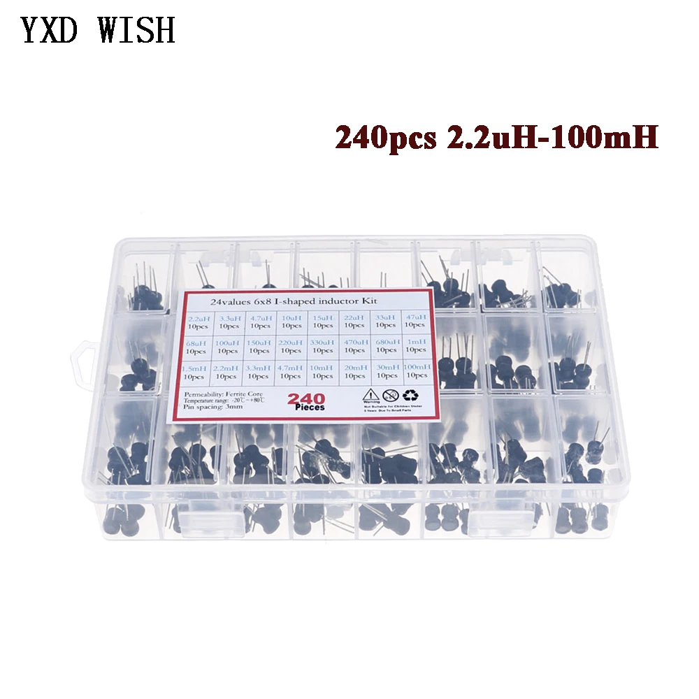 Kit Sortido do Indutor de Potência em Forma de i Choke 2.2uh100mh 24 Valor x 10 Pcs 6×8 mm 10mh 22uh 100uh 220uh 470uh 1mh 2.2mh 10mh 240 Peças