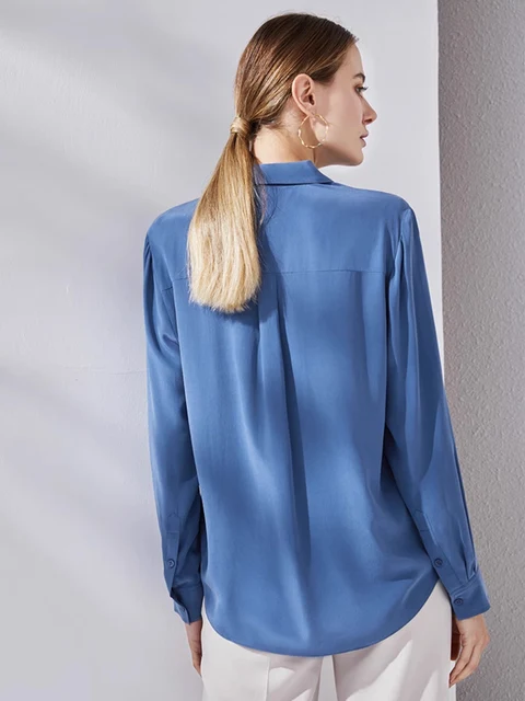 SuyaDream, Woman Solid Shirts, 100%Silk Crepe, Long Sleeved, Chest Pocket Chic Blue Blouses, 2024 Spring Summer Office Lady Top 5