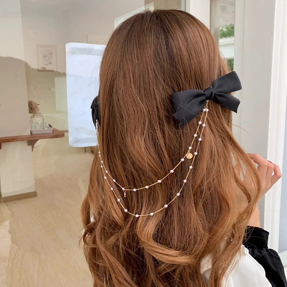 

New Fashion Hairpins Big Ponytail Holder Women Satin Hairpin Bow Hair Clips Chain Pearl Barrette