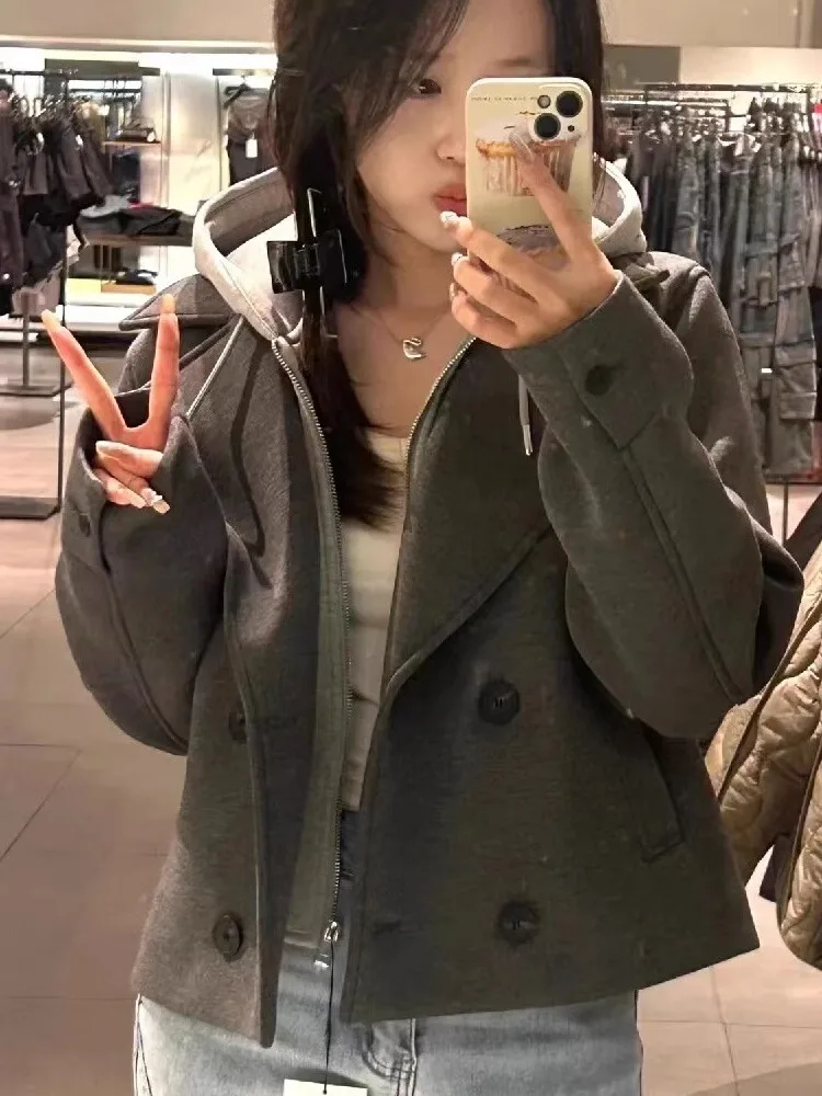 PB&ZA Women's 2024 Spring New Women's Two-Color Hooded Spliced Short Jacket Top 8073055