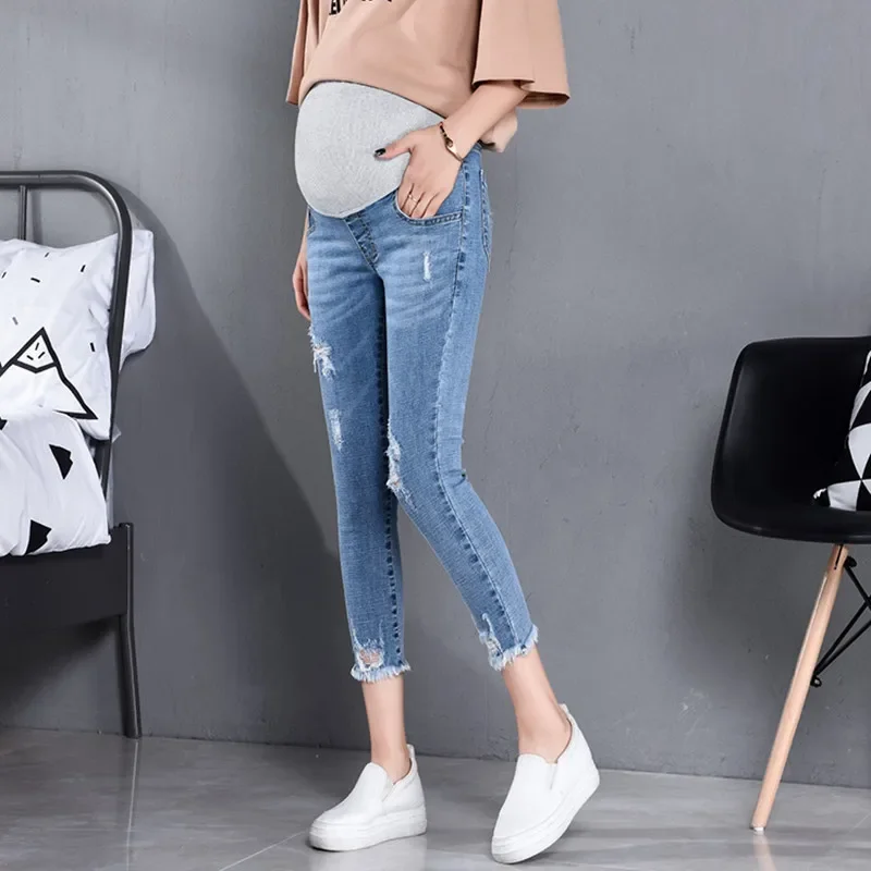 817# 7/10 Length Summer Autumn Fashion Maternity Jeans High Waist Belly Skinny Pencil Pants Clothes for Pregnant Women Pregnancy pu leather pencil pants women autumn pocket bodycon skinny high waist tight trouser brown casual long pant clothes fashion