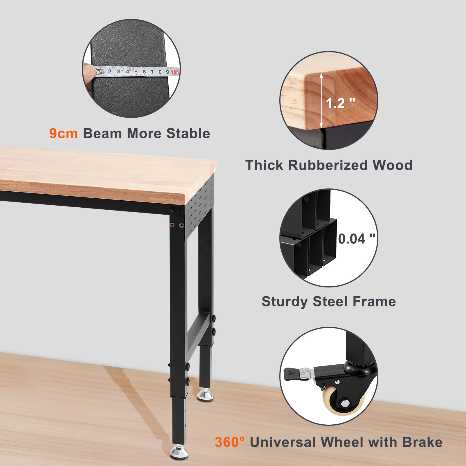 Adjustable Wood Workbench with Power Outlets for Garage