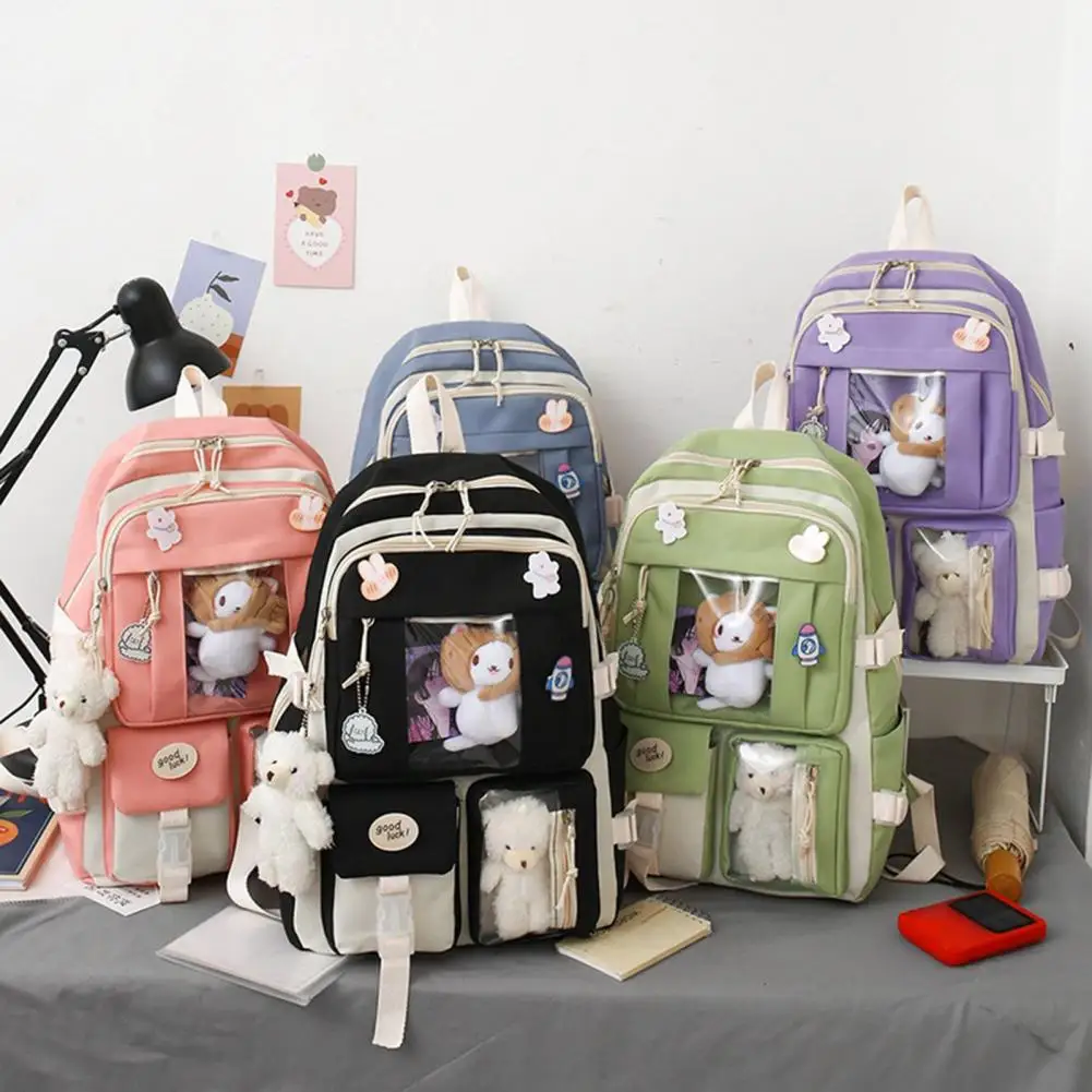 5pcs Kawaii Women Backpack Cartoon Korean Cute Student Girl Schoolbag Book  Bags Sets Leisure-Blue