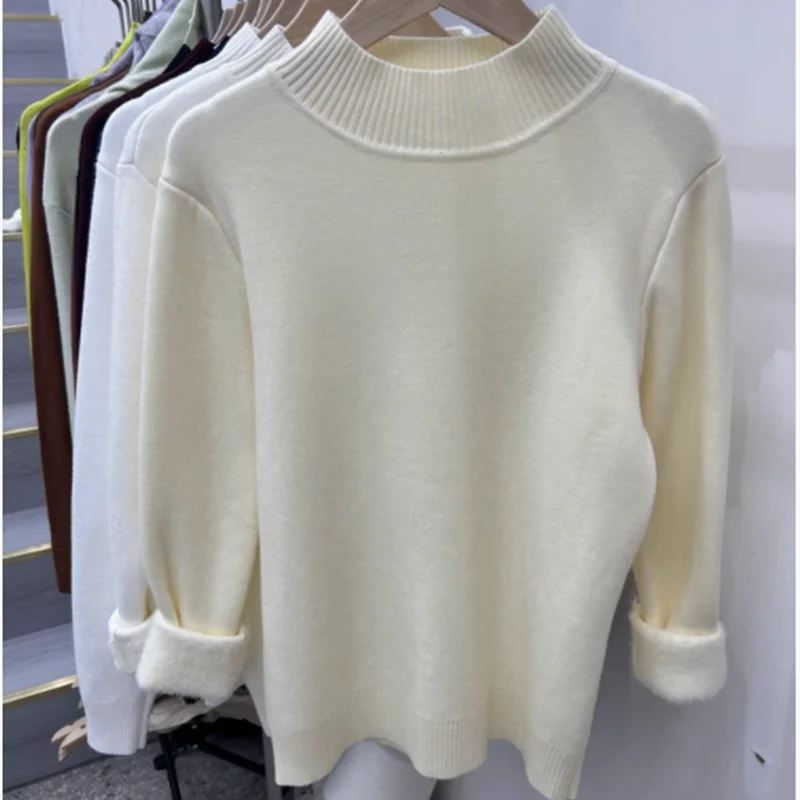 Elegant New Warm Women's Integrated Fleece Sweater Autumn and Winter Solid Color Knitwear Casual Bottoming Shirt