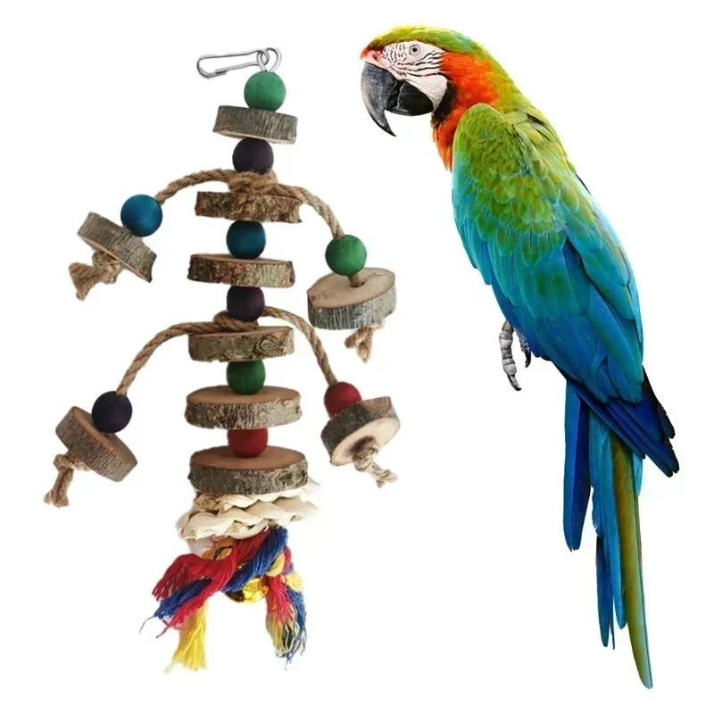 Parrot Bird Toy Chew With Hook Colorful Wooden Beads Ropes Natural Blocks for Small Medium Birds