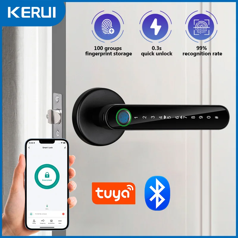 Fingerprint door lock smart door lock electronic lock smart lock KERUI Fingerprint Door Lock Tuya Smart /Smart Life Electronic Door Lock Fingerprint/Password/Key/Tuya APP/Card Unlock