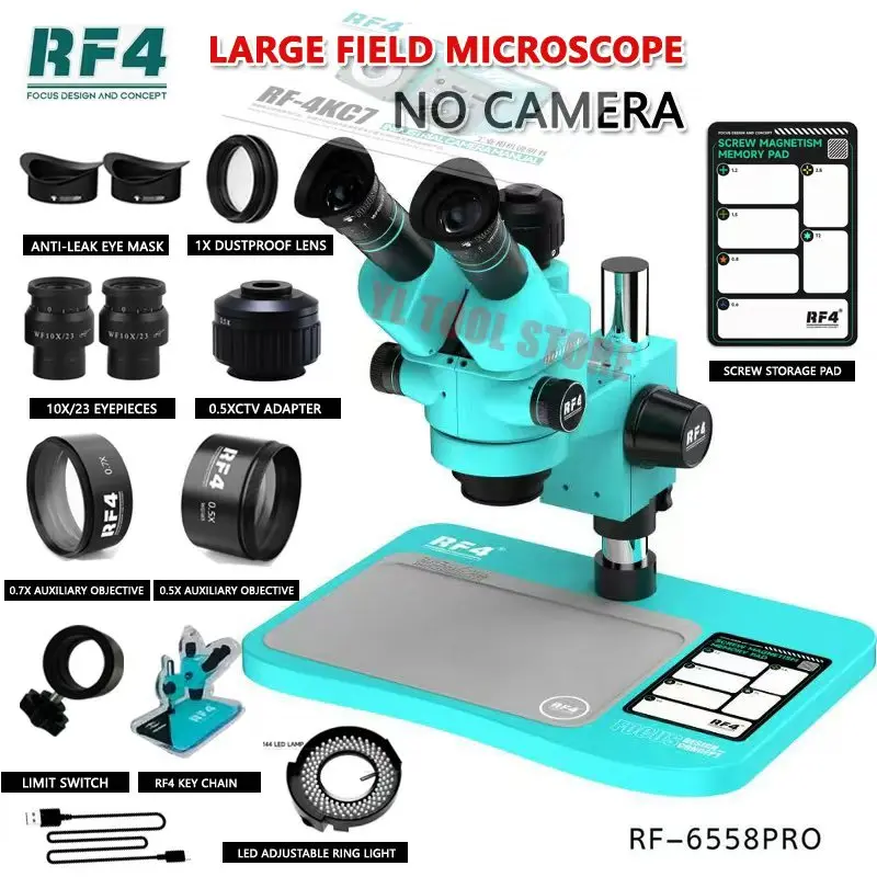 RF4 6558PRO 울트라 HD 삼안 실체 현미경 대형 베이스 6.5X-58X 휴대폰 PCB 용접 현미경 광시야 4K 2K 카메라