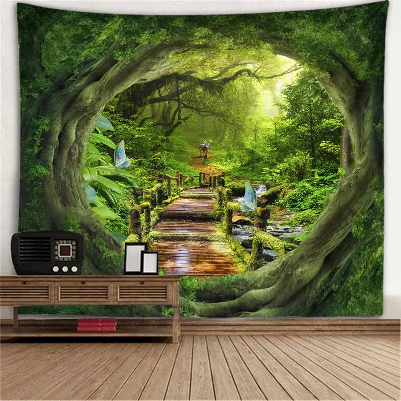 thumbnail image 1 of Decoración del hogar Ventana Escena Mural Impresión Tapiz de poliéster Fondo Pared Tela Árbol Agujero Estufa Colgante Grande, 1 of 5