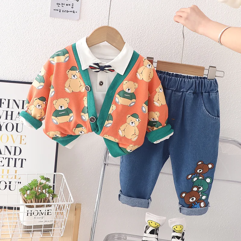 

Korean Baby Boy Spring Clothes Set 2023 New Cartoon Button Cardigan Coats + T-shirts + Jeans Boys Outfits Kids Luxury Sportswear