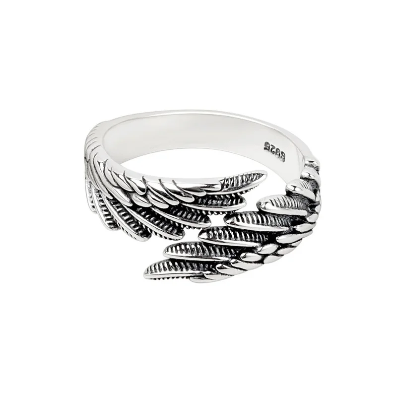 Sole Memory Vintage Thai Silver Feather Wings Silver Color Female Resizable Opening Rings SRI1010