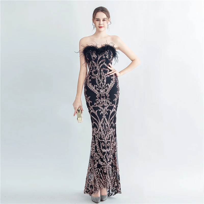 

DongCMY Luxury Elegant Women Dresses With A Bling And Feathers Off Shoulder Strapless Split Special Events Party Evening Dress