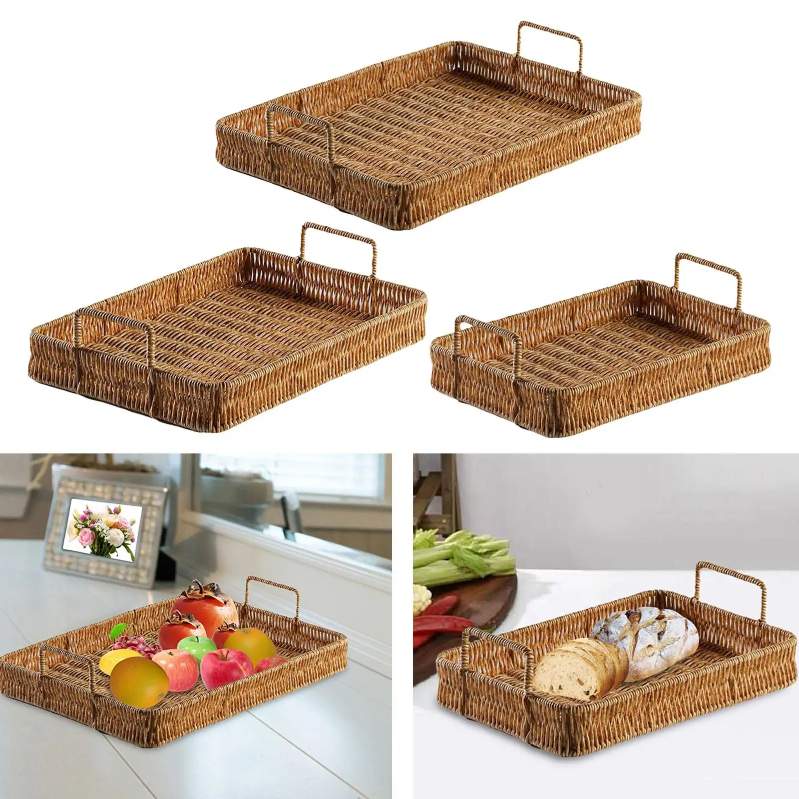 Rectangular Hand Woven Serving Tray Multipurpose Decoration Vegetables Holder Kitchen Organizer Crafts for Coffee Table Home 2