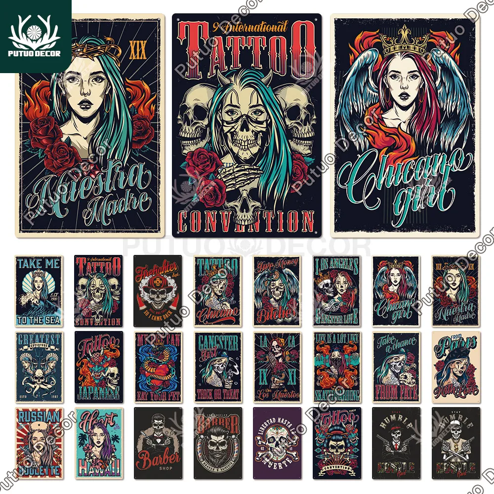 

Putuo Decor Skeleton Skull Tin Sign Surfing Vintage Plaque Metal Retro Posters for Garden Farm Home Wall Art Decor Iron Painting