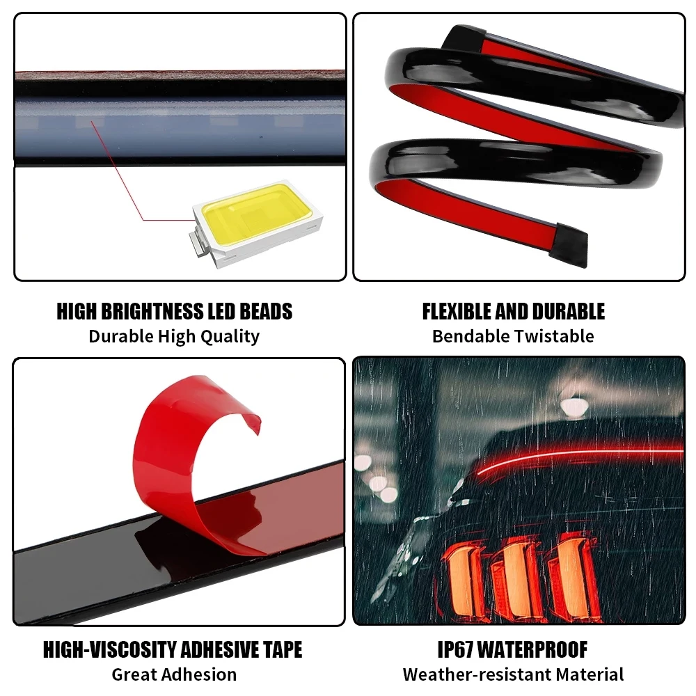 Car Rear Wing Spoiler Car Roof Spoiler Car Spoiler Light 125cm 3 Color Led Rear Spoiler Light For Universal Car Turn Signal Reverse Brake Warning Tail Light Stop Signal Lamps