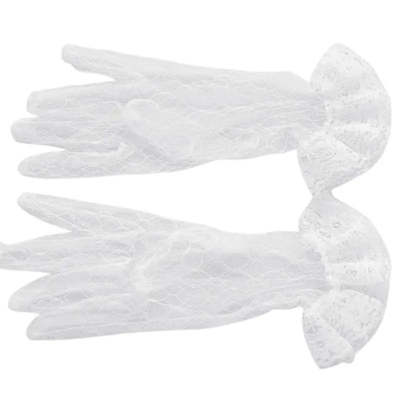 1 Pair Bridal Wedding Short Gloves Full Fingered Transparent Rhombic Gauze Ruffle Lace Trim Wrist Length Mittens Party lace gloves wedding dress gloves