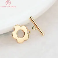 (3271)6 ensembles O: 13MM T: 16MM 24K couleur or plaqué laiton fleur Bracelet O fermoirs à bascule accessoires de bijoux à bricoler soi-même de haute qualité 2