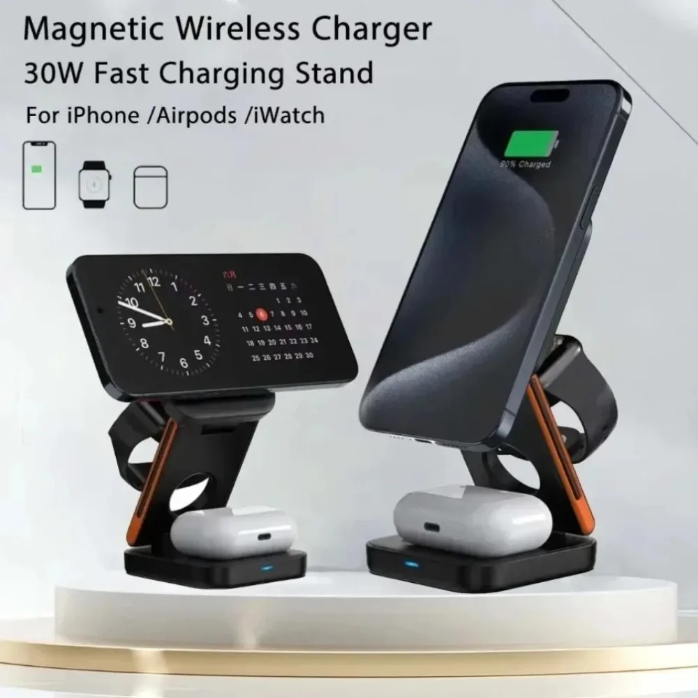 3 in 1 100W Foldable Magnetic Wireless Charger Stand Fast Charging Station for iPhone 16 15 14 13 12 iWatch 10-2 Airpods Pro Max