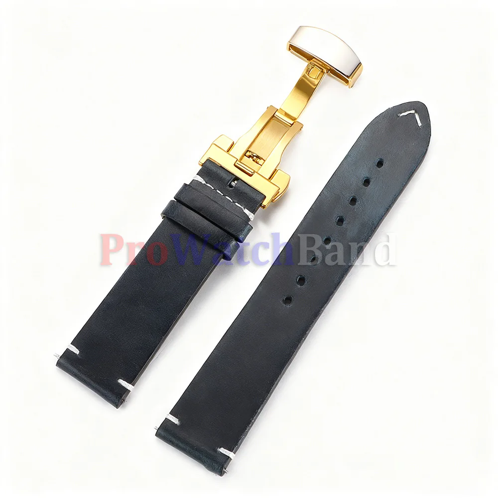 Vintage Soft Oil Wax Cowhide Watch Strap with Butterfly Buckle - Quick Release
