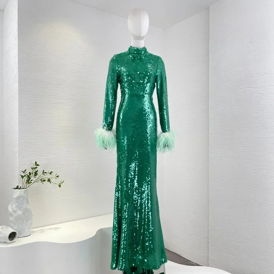

2023 Top Quality Latest Collection Spring Autumn Shining Green Sequined Turtle Neck Feather Midi Slim Mermaid Dress Women