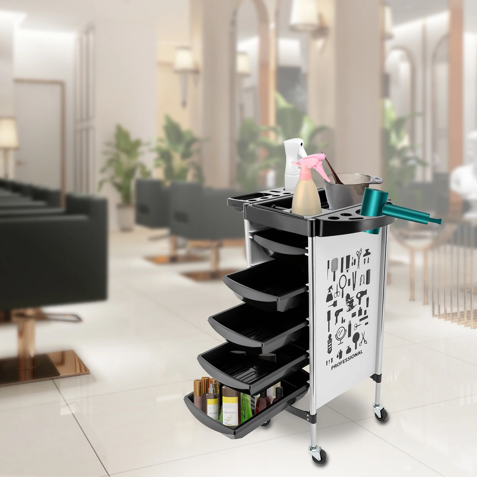 5 Cassetti Roller Container Parrucchiere Trolley Cosmetici Bagno Mensola Lavoro Carrello Ripiano Bellezza Parrucchiere