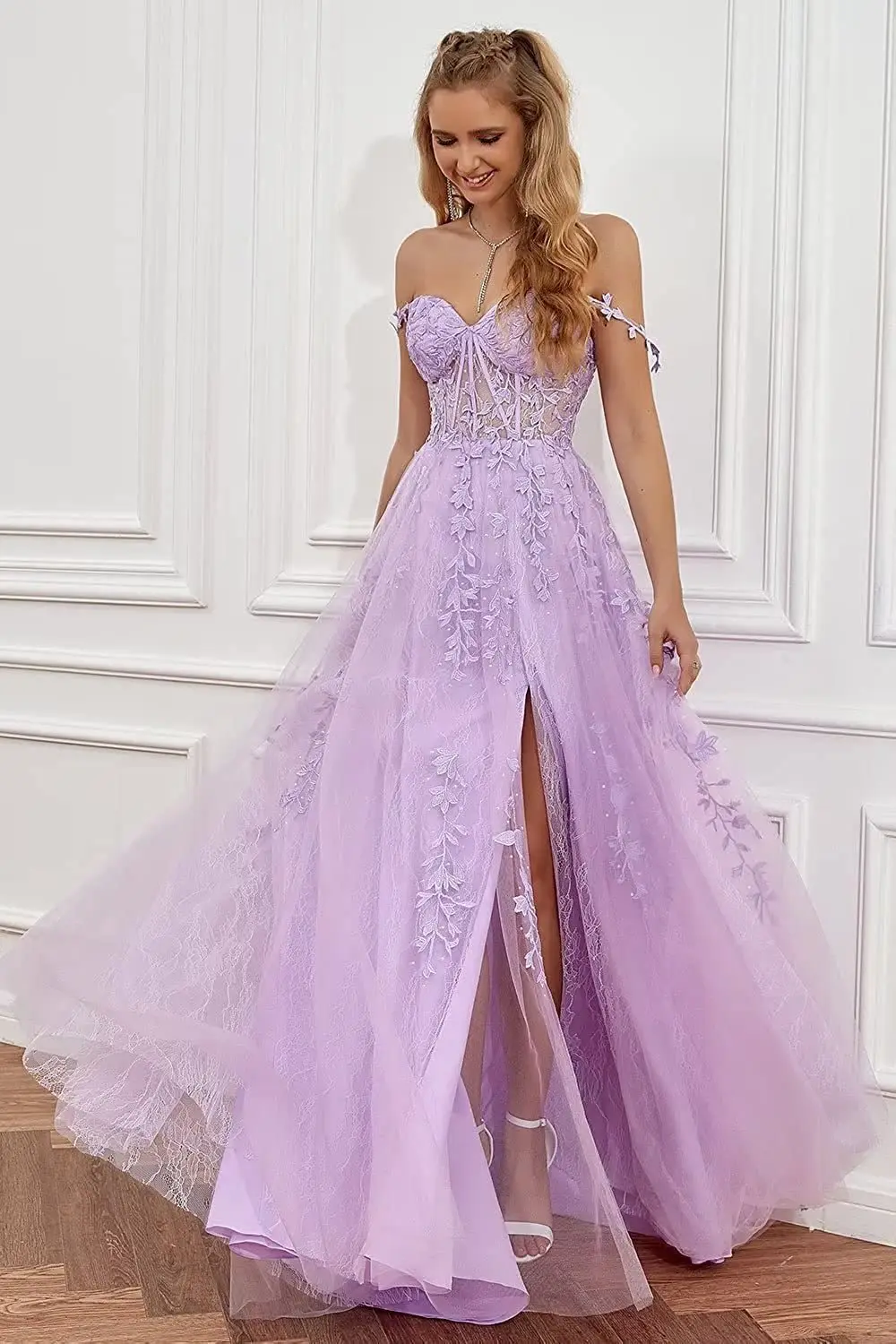 

2023 прозрачное фиолетовое длинное платье CloverBridal для выпускного вечера из тюля с кружевной юбкой WH9982