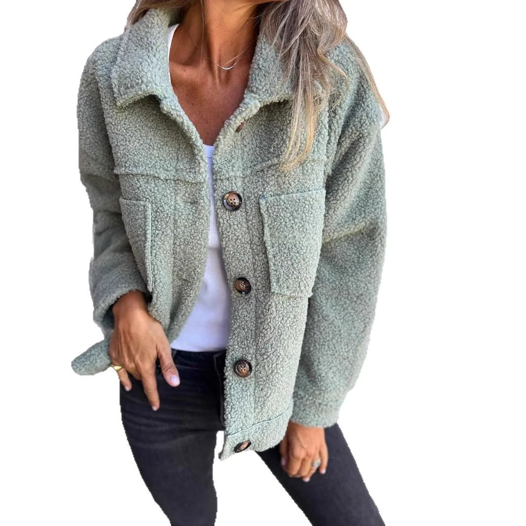 Women Autumn Winter Fleece Coat Long Sleeve Button Pocket Outwear