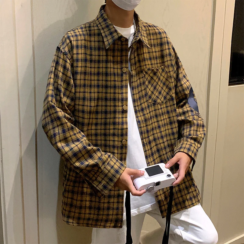 

TFETTERS Plaid Shirts for Men 2023 Autumn New Long Sleeve Letter Loose Man Shirts Korean Streetwear Casual Clothes for Teenagers